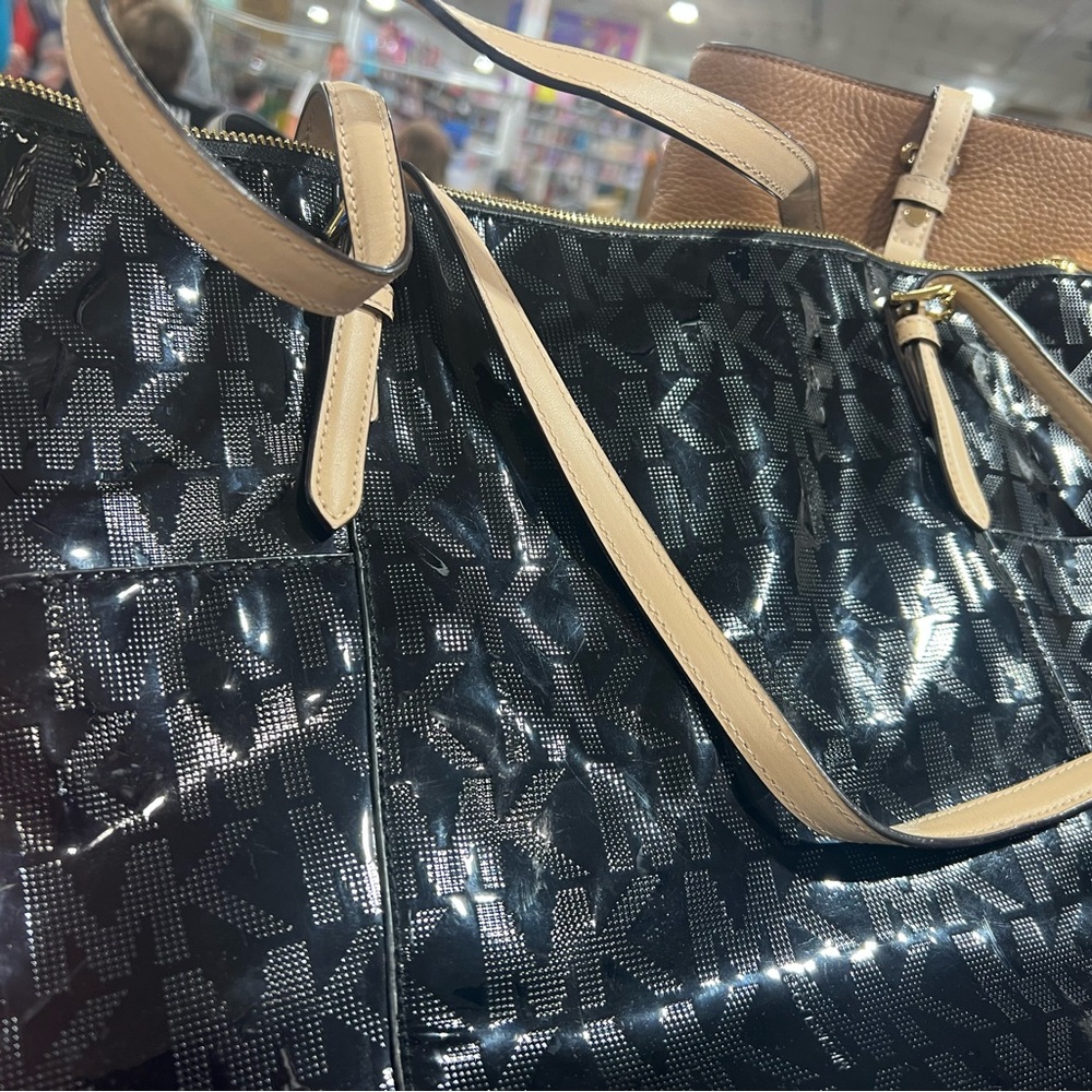 Michael Kors Glossy Black and Tan Handbag